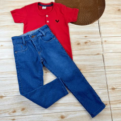 Conjunto Infantil Calça Jeans Clara + Camisa Gola Padre Menino Look Estiloso