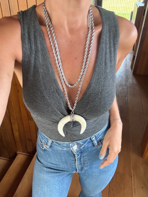 Cordão Baiano 2 Voltas Aço Inox Dente Marfim - Prateado - comprar online