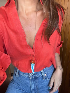 Colar Longo Singapura Dente Madrepérola com Azul - Dourado na internet