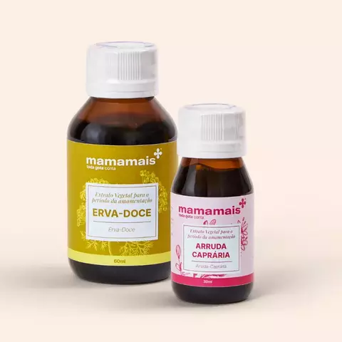 Kit Parto Cesáreo Mamamais com dois extratos vegetais para o período da amamentação, sendo um de erva-doce e outro de arruda caprária.