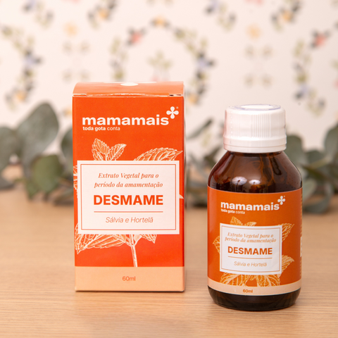 Frasco e caixa do Extrato de Sálvia e Hortelã Desmame Mamamais, desenvolvido para quem quer DIMINUIR a produção de leite.
