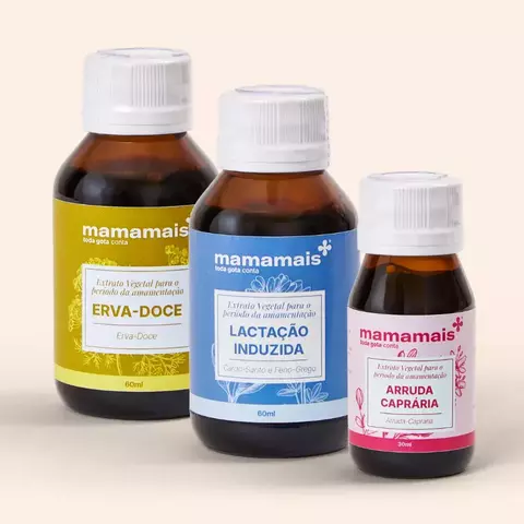 Kit Complemento com Fórmula Mamamais contendo três frascos de extratos vegetais: Erva-Doce, Lactação Induzida e Arruda Caprária, indicados para o período da amamentação.
