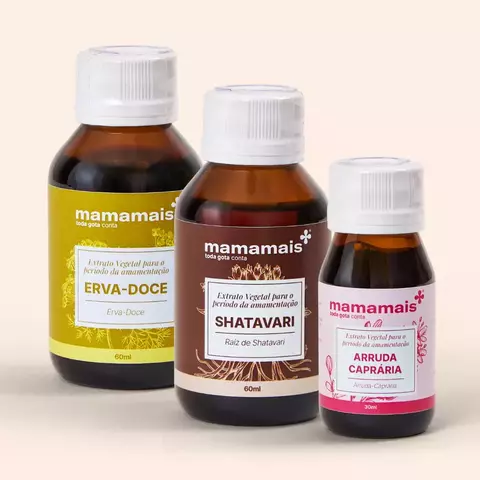 Kit Questões com as Mamas da Mamamais com frascos de erva-doce, shatavari e arruda caprária.