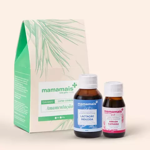 Kit Não Sei a Causa da Mamamais com chá misto e dois frascos de extratos naturais para amamentação, lactação induzida e arruda caparária.