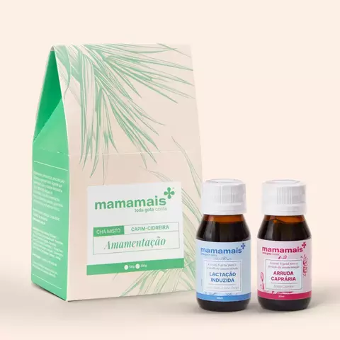 Kit Amamentação Top 3 da Mamamais com chá misto capim-cidreira e dois frascos de extratos naturais, lactação induzida e arruda capraria