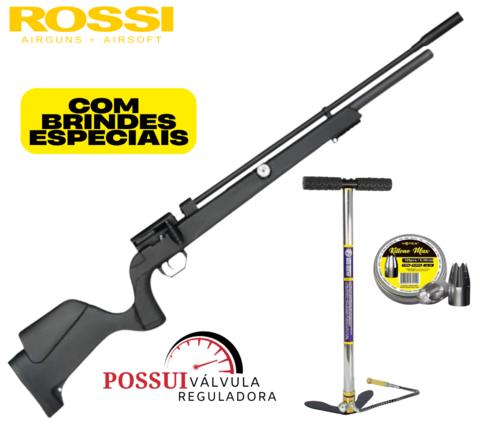 Carabina PCP Rossi Outlander Black 6.35mm com válvula reguladora,acompanhada de bomba de ar manua pcp rossil e chumbinhos como brindes