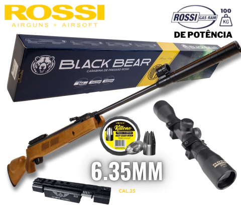 ROSSI BLACK BEAR MADEIRA 6.35MM CAL .25 COM 100KG DE GÁS RAM ﻿ + MOUNT SCOPE ANGEL + LUNETA 4x32 - comprar online