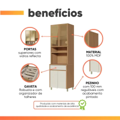 Armário De Cozinha Paneleiro Com Vidro Reflecta 4 Portas 1 Gaveta 100% Mdf Cléo Madeirado/Off White Nesher — foto 4