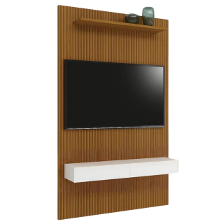 Painel Para Tv Até 55 Polegadas Ripado Impressão 3D Egeo Com Nicho 1,35m Cedro Off White EDN