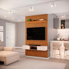 Painel Para Tv Até 55 Polegadas 1,43m Ripado Autêntico Com Led e Nicho Montreal Madeirado/Off White — foto 2