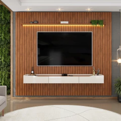 Painel Para Tv Até 90 Polegadas 2,75m Ripado Autêntico Com Led Montreal Com Nicho Efraín Madeirado/Off White — foto 2