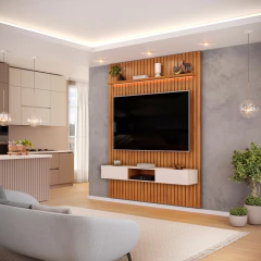 Painel Para Tv Até 65 Polegadas 1,83m Ripado Autêntico Com Led e Nicho Montreal Madeirado/Off White — foto 2
