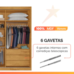 Guarda Roupas Casal 3 Portas de Correr com Espelho Ripado 100% MDF 6 Gavetas Dublin — foto 6