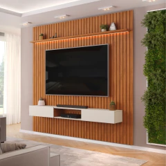 Painel Para Tv Até 90 Polegadas 2,75m Ripado Autêntico Com Led e Nicho Montreal Madeirado/Off White — foto 2