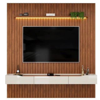 Painel Para Tv Até 65 Polegadas 2,23m Ripado Autêntico Com Led Montreal Com Nicho Efraín Madeirado/Off White