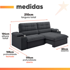 Sofá Retrátil e Reclinável 3 Lugares 2,10m c/ Porta Copos Slim Stanley — foto 3