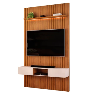 Painel Para Tv Até 55 Polegadas 1,43m Ripado Autêntico Com Led e Nicho Montreal Madeirado/Off White
