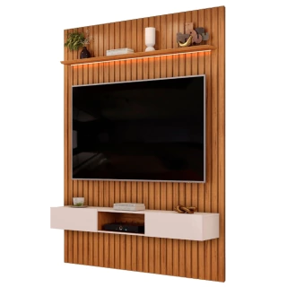 Painel Para Tv Até 65 Polegadas 1,83m Ripado Autêntico Com Led e Nicho Montreal Madeirado/Off White