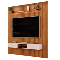 Painel Para Tv Até 90 Polegadas 2,75m Ripado Autêntico Com Led e Nicho Montreal Madeirado/Off White — foto 1