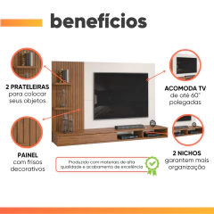 Painel Para TV 1,90m Até 60 Polegadas Detalhe Frisado Com Nichos Abel Madeirado/Off White — foto 4