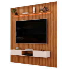Painel Para Tv Até 85 Polegadas 2,50m Ripado Autêntico Com Led e Nicho Montreal Madeirado/Off White — foto 1