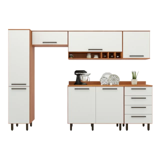 Armário De Cozinha Completa 7 Portas 4 Gavetas Grécia Madeirado/Off White