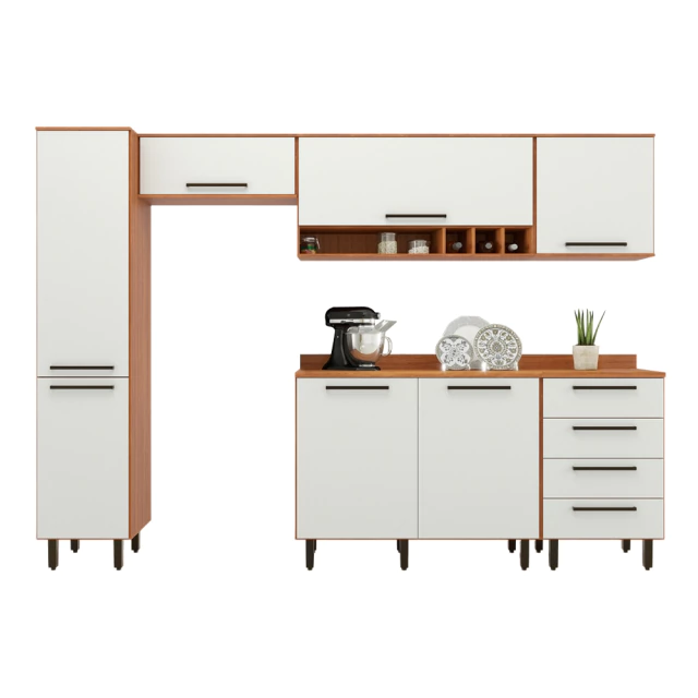 Armário De Cozinha Completa 7 Portas 4 Gavetas Grécia Madeirado/Off White