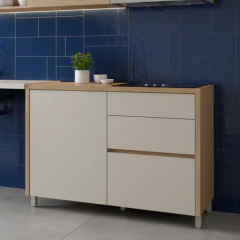 Balcão Gabinete de Cozinha 1,20m 1 Porta 3 Gavetas 100% Mdf Cléo Madeirado/Off White Nesher — foto 2