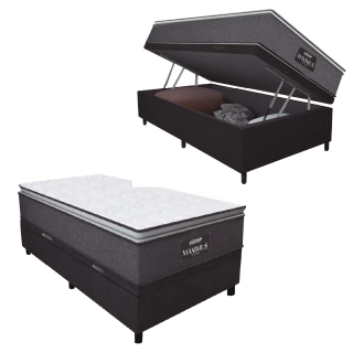 Cama Box Baú Solteiro Colchão Molas Ensacadas Pillow Top Maximus 88x188x69cm Cinza / Preto Gazin - S
