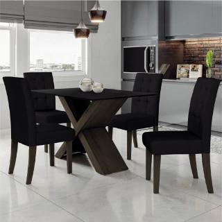 Conjunto Mesa Preto Dubai 1,35m Mdf Com 4 Cadeiras Castanho