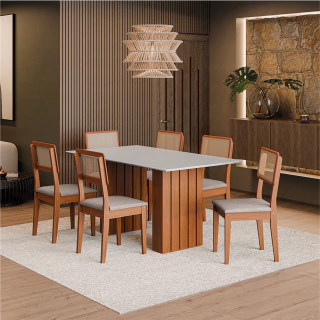 Conjunto de Mesa Sala de Jantar Ripada Tampo com Vidro 1,60m 6 Cadeiras Santiago Dobuê