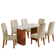 Conjunto de Mesa Sala de Jantar Ripada Tampo com Vidro Santiago 1,60m 6 Cadeiras Grécia Dobuê — foto 1