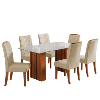 Conjunto de Mesa Sala de Jantar Ripada Tampo com Vidro Santiago 1,60m 6 Cadeiras Grécia Dobuê