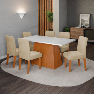 Conjunto Sala de Jantar Mesa 1,60m Trento 6 Cadeiras Trieste Dobuê