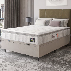 Cama Box Baú Casal Colchão Espuma D45 Lazio Pillow Top 138x188x65cm Suede Branco/Bege Hellen — foto 2