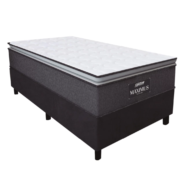 Cama Box Solteiro Colchão Molas Ensacadas Pillow Top Maximus 88x188x67cm Cinza / Preto Gazin