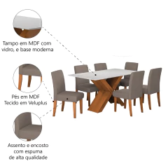 Conjunto de Mesa Sala de Jantar Tampo com Vidro 1,60m Grécia 6 Cadeiras Trieste Dobuê — foto 5
