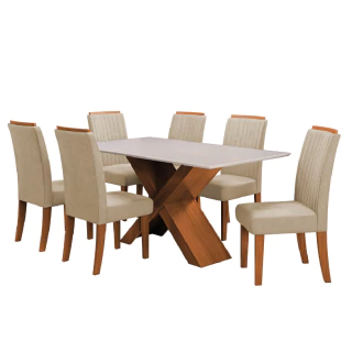 Conjunto de Mesa Sala de Jantar Tampo com Vidro 1,60m 6 Cadeiras Grécia Dobuê