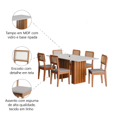 Conjunto de Mesa Sala de Jantar Ripada Tampo com Vidro 1,80m 6 Cadeiras Santiago Dobuê — foto 5