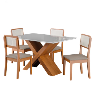 Conjunto de Mesa Sala de Jantar Tampo com Vidro 1,36m Grécia 4 Cadeiras Santiago Dobuê