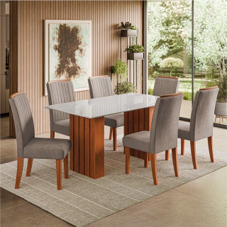 Conjunto de Mesa Sala de Jantar Ripada Tampo com Vidro Santiago 1,60m 6 Cadeiras Grécia Dobuê