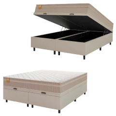 Cama Box Baú Casal Queen Colchão Molas Qatar 158x198x63cm Bege/Branco Inducol - Suporta Até 200 Kg Por Pessoa — foto 1