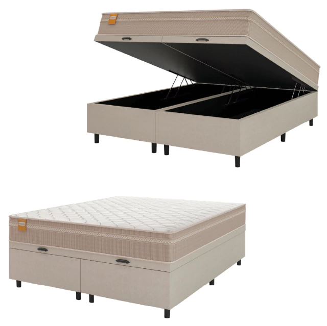 Cama Box Baú Casal Queen Colchão Molas Qatar 158x198x63cm Bege/Branco Inducol - Suporta Até 200 Kg Por Pessoa