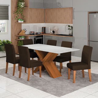 Conjunto de Mesa Sala de Jantar Tampo com Vidro 1,80m Grécia 6 Cadeiras Trieste Dobuê