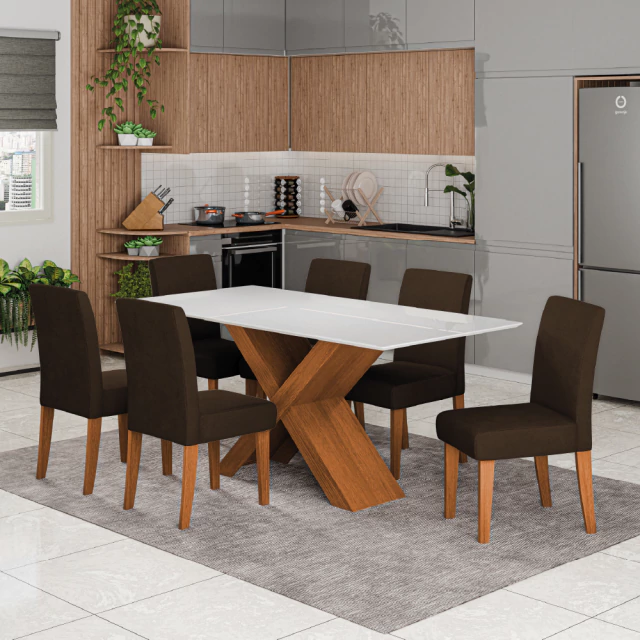 Conjunto de Mesa Sala de Jantar Tampo com Vidro 1,80m Grécia 6 Cadeiras Trieste Dobuê