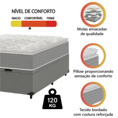 Cama Box Baú Casal Molas Ensacadas Pillow Top 138x188x66cm Martino Cinza Umaflex — foto 6