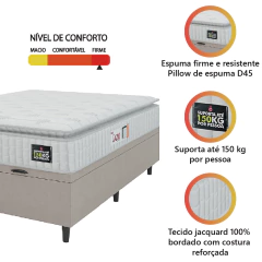 Cama Box Baú Casal Colchão Espuma D45 Lazio Pillow Top 138x188x65cm Suede Branco/Bege Hellen — foto 6