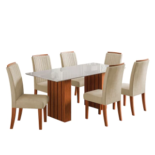Conjunto de Mesa Sala de Jantar Ripada Tampo com Vidro Santiago 1,80m 6 Cadeiras Grécia Dobuê