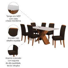 Conjunto de Mesa Sala de Jantar Tampo com Vidro 1,80m 6 Cadeiras Grécia Dobuê — foto 11