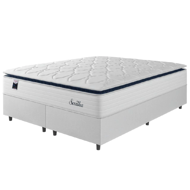 Cama Box Casal King Colchão Molas Ensacadas Com Pillow Sevilha 193x203x71cm Branco/Cinza Hellen